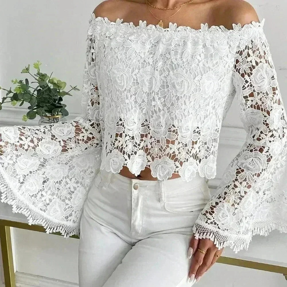 White Elegant Women's Summer Solid Color Lace Off-Shoulder Flare Sleeve Blouse - Picture 6 of 6